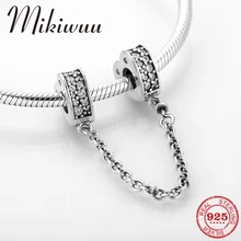 Настоящее 925 пробы, серебро, сверкающий циркон, кристалл, тонкая форма сердца, безопасная цепочка, бисер, Подходит для Pandora, очаровательный браслет, ювелирное изделие