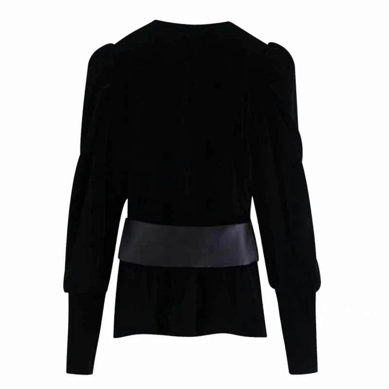 Женское винтажное черное бархатное пальто с бантом на поясе, осенняя женская верхняя одежда в стиле ретро с пышными рукавами и глубоким v-образным вырезом, брендовая куртка, шикарные топы CT364