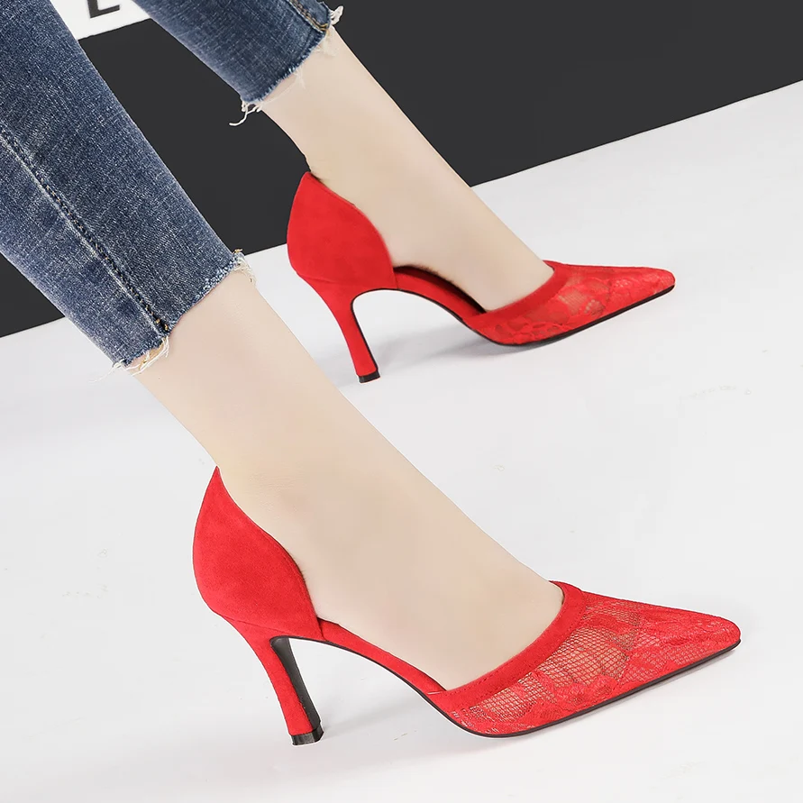 

Shoes Women lace two piece pumps High Heels shoes shallow slip on sandals Pointed Toe Slides zapatos mujer black red apricot