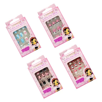 

4 Boxes Children Full Cover False Nail Kits Lovely Safe Fake Nails Gift for Kids Little Girls (24pcs/Box, Mixed Patterns)
