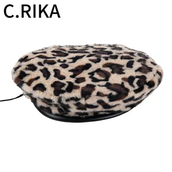 

New Vintage Leopard Warm Faux Rabbit Fur Autumn Winter Beret Women French Hat Artist Beanie Fashion Beret Hat for Female Girls