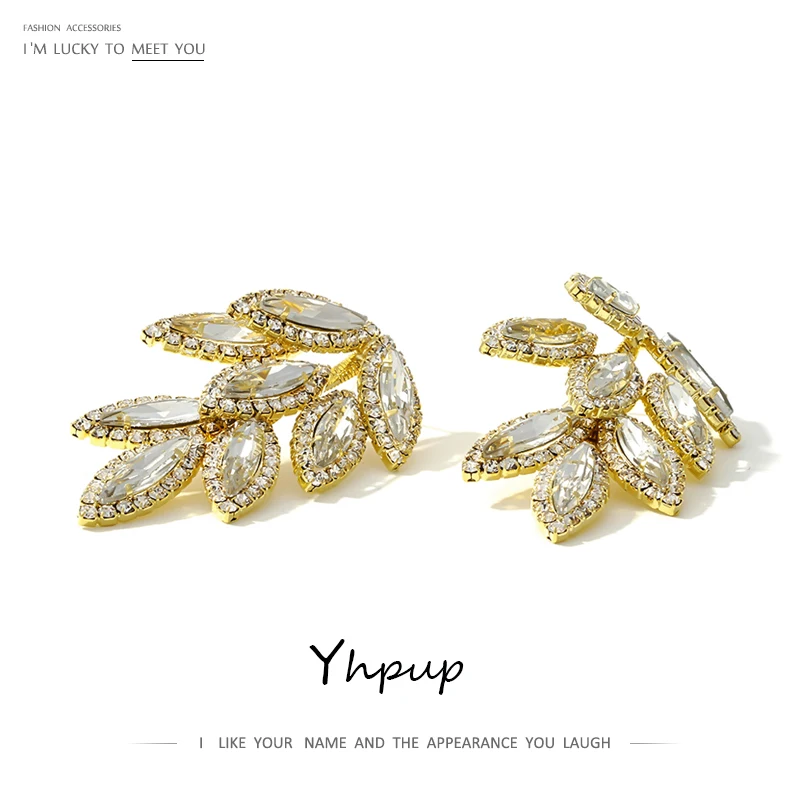 Yhpup, роскошные серьги-гвоздики с кристаллами, геометрические серьги в виде листьев, Серьги Brincos, массивное очарование для женщин, ювелирные изделия для свадебной вечеринки, S925