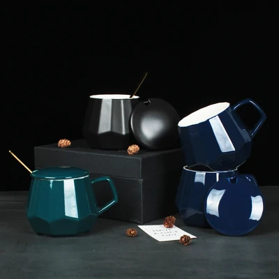 buy Ceramic Diamond Cup with Covered Spoon Nordic Simple Mug Personality Light Luxury Breakfast Milk Coffee Big Belly Cup