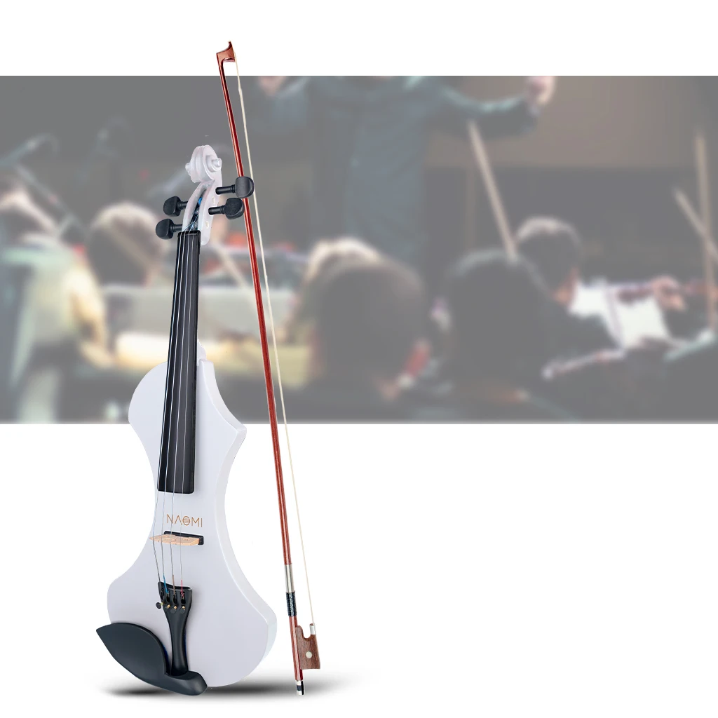 NAOMI Electric Violin 4/4 Matte White Full Size Solid Wood Electronic/Silent Violin Set w/ Bow+Case+Tuner+Bridge+Violin Strings