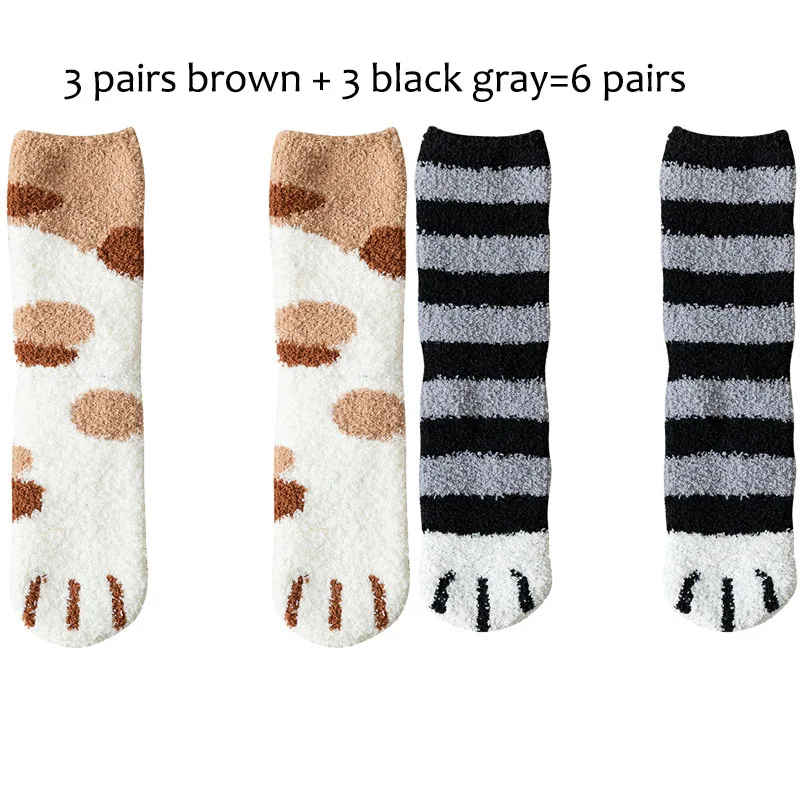 3 brown 3 BG 6 пар/лот, новые женские носки для сна с милым рисунком когтей кошки, женские теплые зимние толстые коралловые бархатные носки-Тапочки - Цвет: 3 brown 3 BG