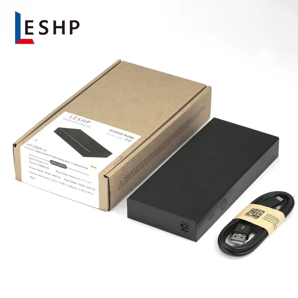 

LESHP 19800mAh QC3.0 Dual-USB Portable Convenient External Rechargable Battery Pack Charger Power Bank Black