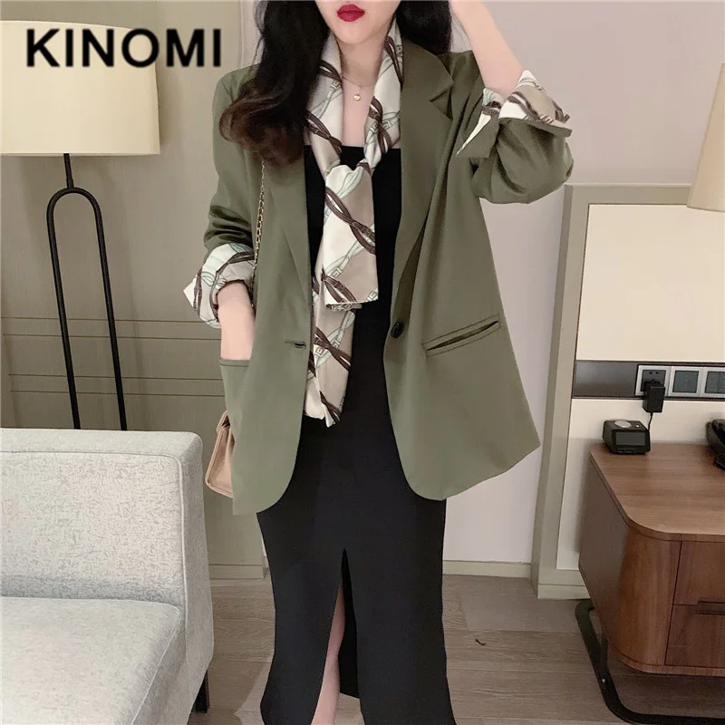 KINOMI, осень, новинка, повседневный Однотонный женский блейзер с длинным рукавом, пиджак с карманом, однобортный, женские куртки, пальто, Feminino