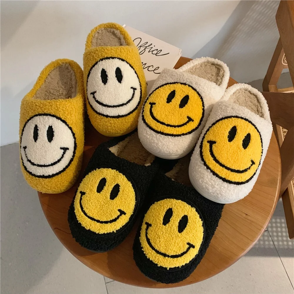 Zapatillas De piel esponjosa para Mujer, zapatos planos con sonrisa grande, De felpa, para invierno, para parejas, zapatos De interior