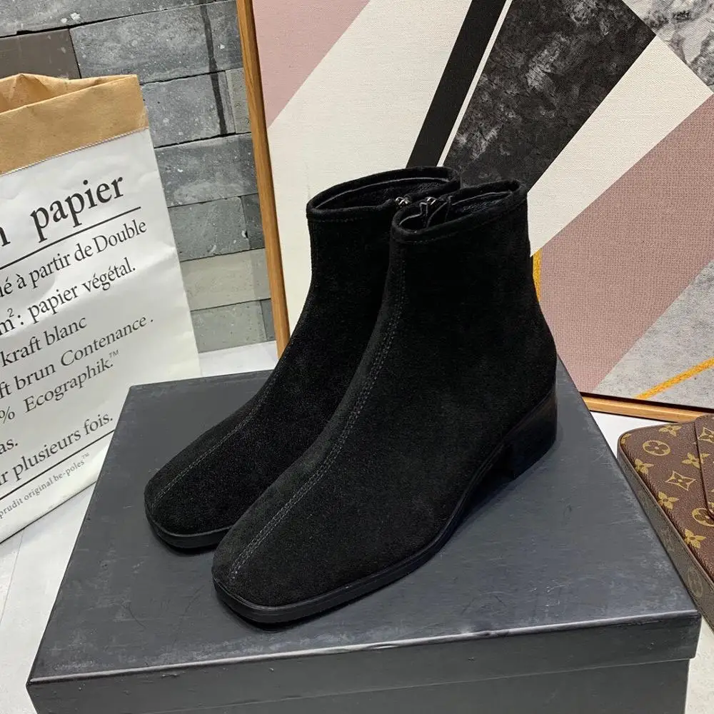 Brand Design Women Ankle Boots Med Heel Square Autumn Winter Square Toe Boots Women Zipper Boots with 3 Colors 4cm Heel Height