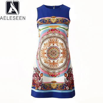 

AELESEEN Runway Fashion Blue Dress 2020 High Quality Designer Flower Print Beading Elegant Party Holiday Vest Dress Vestidos