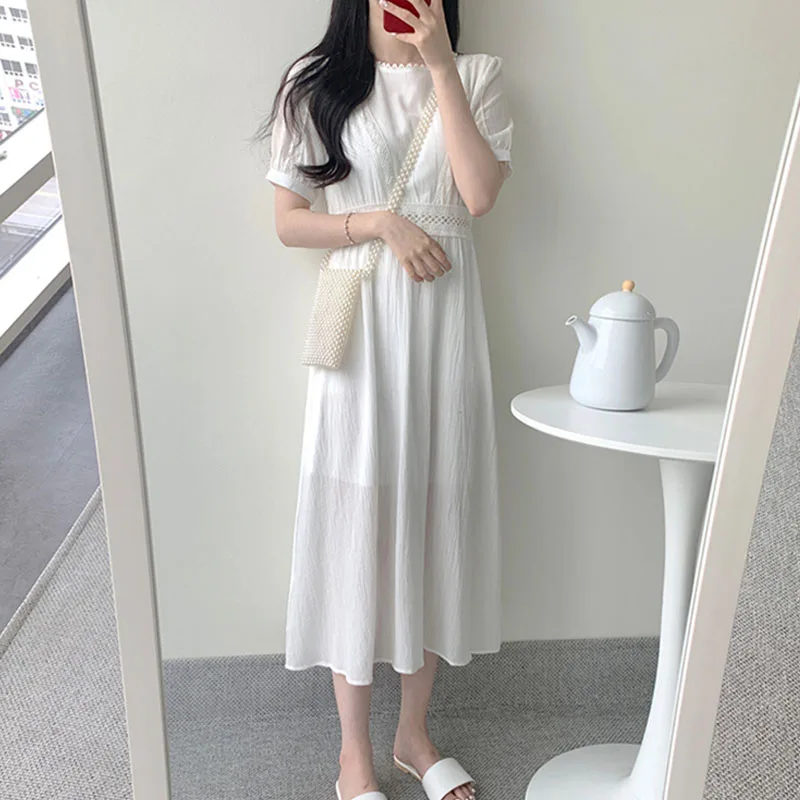 Korean Style Lace Up Pleated Patchwork White Long Dress Women Elegant High Waist Casual Fashionable Dress 2020 Summer Dresses