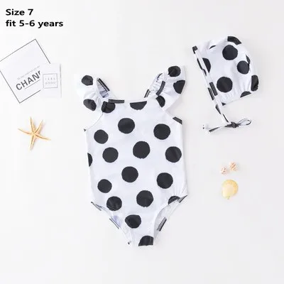 Spots 7 Летний купальный костюм для девочек+ шапочка, 2 цвета, купальный костюм в морскую полоску с бантом купальный костюм с бантом на одно плечо для маленьких детей - Цвет: Spots 7