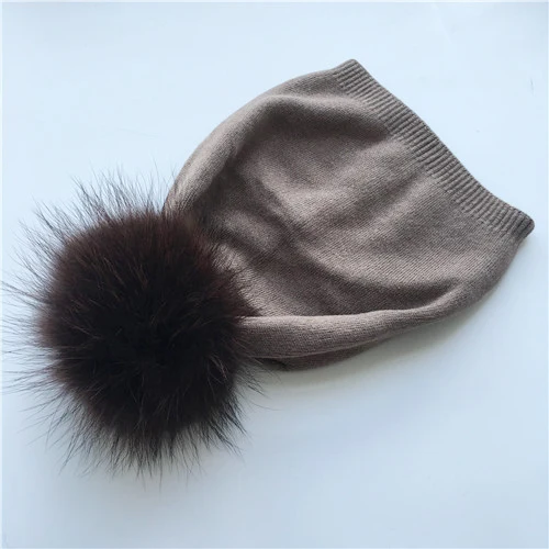 Brown match fur Шерстяная хлопковая вязаная шапка с меховым понпоном, женская зимняя меховая норковая шапка, осенне-Весенняя вязаная шапка, шапка из натурального меха енота - Цвет: Brown match fur