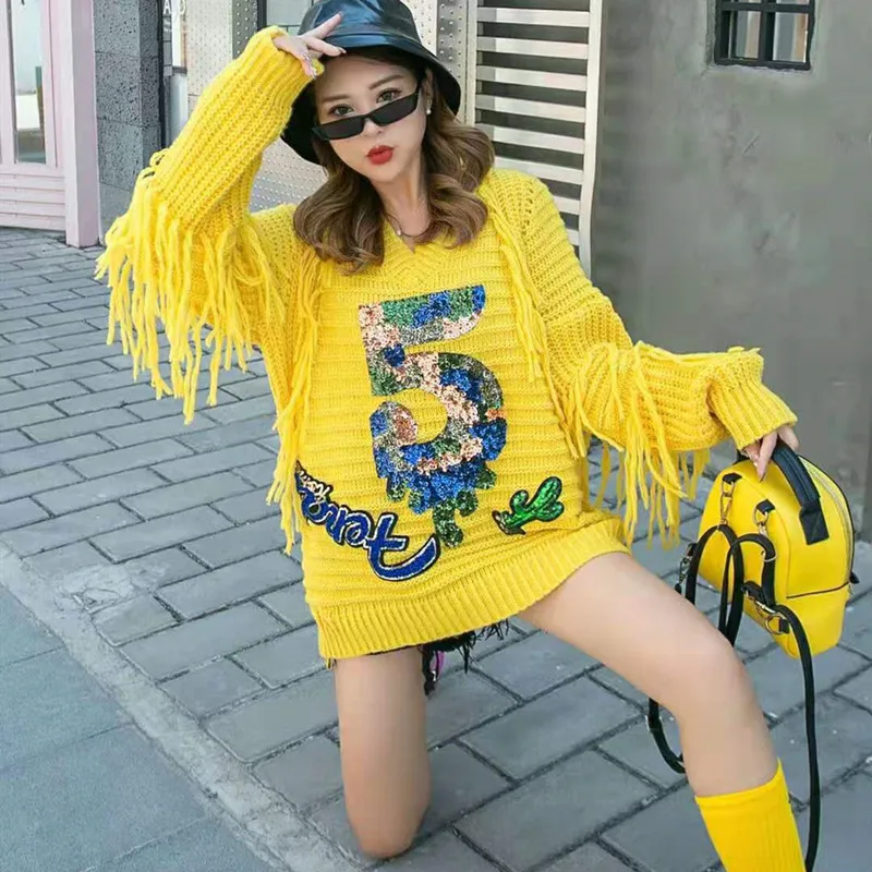 Yellow Sequined Tassel Knitting Pullovers Female V Neck Long Sleeve Casual Autumn Sweaters For Women Fashion Harajuku SA118S30