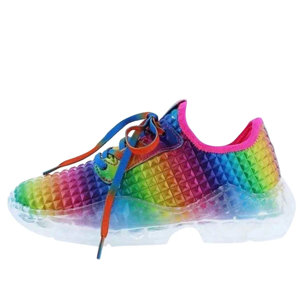 Women Fashion Rainbow Color Lace Up Canvas Sneakers Shoes Flat Casual Athletics