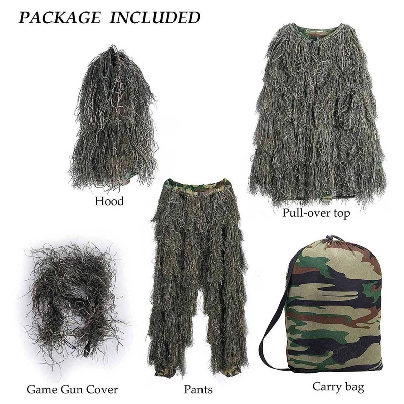 Ghillie костюм 3D 4-Piece с сумкой камуфляж охота лес лесной