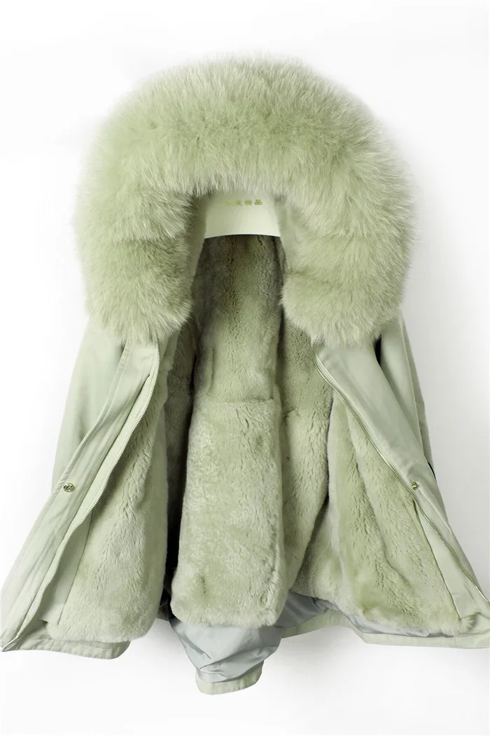 Back flowers embroidery letter real fur parka coat women thick rabbit fur lined short winter jacket real fox fur collar hood
