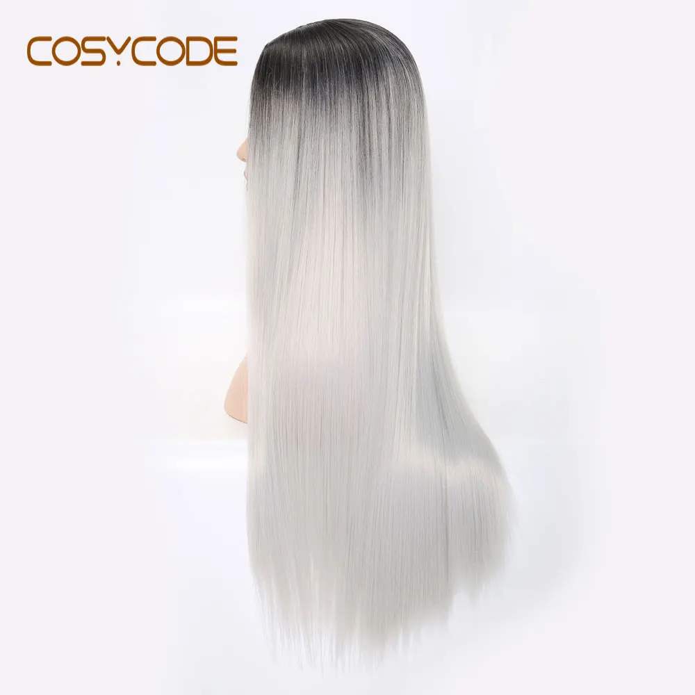 COSYCODE, длинный прямой парик для женщин, 24 дюйма, средняя часть, черный, серебряный, 2 тона, синтетический парик, не кружевной, косплей, парик