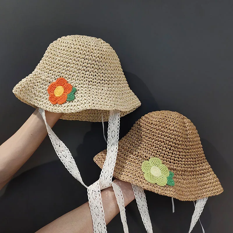 

Summer Children's Straw Hat Baby Girls Cute Lace Fisherman Hat Kids Baby Sun Hat with Flower Fashion Breathable Headdress