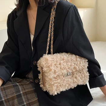 

NEW Lamb Wool Women Shoulder Bag Chain Hand-held Cashmere Flap PU Leather Luxury Handbags Designer Purses Tote Drop Shipping