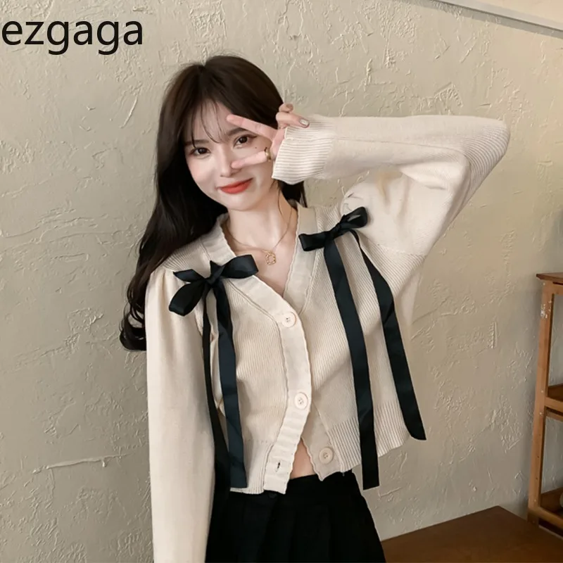 Ezgaga 2021 осенний Новый Свободный вязаный кардиган женский с бантом и лентой