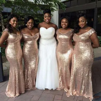 

Sparkly Rose Gold Sequins Cheap Mermaid Bridesmaid Dresses Long African Plus Size Wedding Party Gowns Custom Made