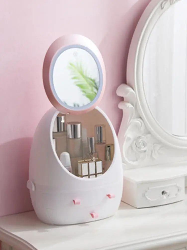  Cosmetic Storage Box With LED Light Mirror Portable Cosmetics Storage Case Makeup Brush Holder Orga