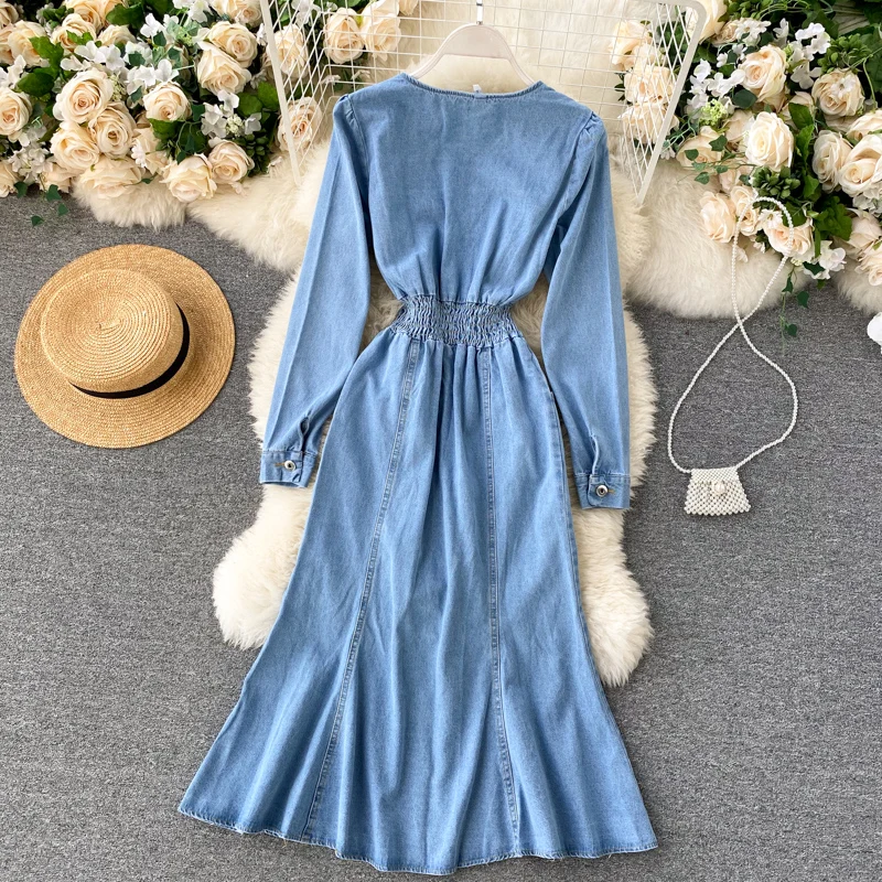 Chic Denim Dress Autumn New V-neck High Waist Buckle Slim Mid-Calf Jean Dress Vintage Slim Fit Ladies Dress J6