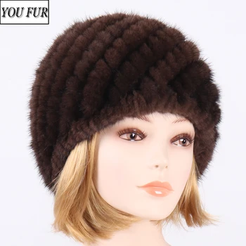 

2020 New Winter Lady Natural Mink Fur Hat 100% Natural Knitted Warm Genuine Mink Fur Cap Women Good Elastic Real Mink Fur Hats