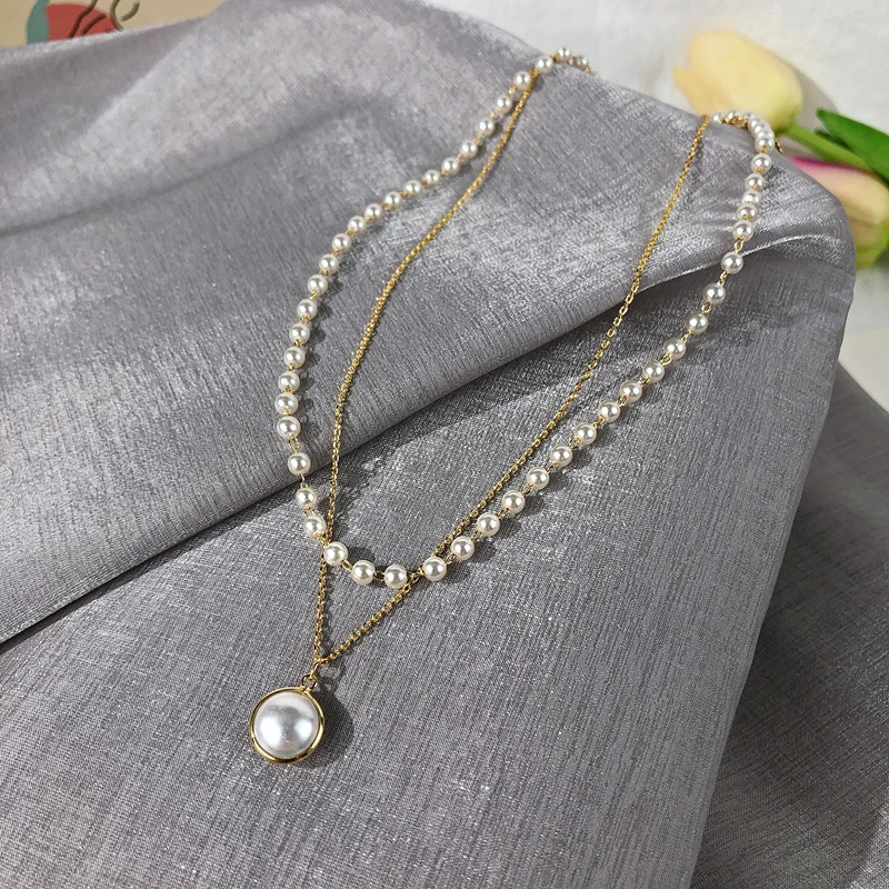 Kpop Fashion Pearl Choker Necklace Women Cute Girl Gold color Double Layer Chain Pearl Pendant Korean Jewelry Woman 2020 Collar - Image 4