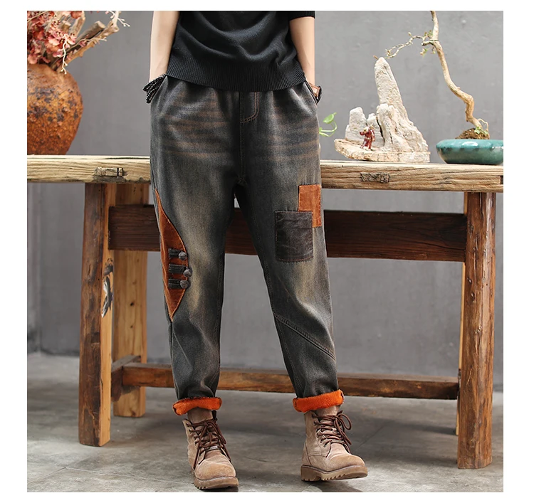 Women Jeans Autumn Winter Large size Fleece Warm Denim Pants New Elastic Waist Patchwork Panelled Casual All-match Trousers