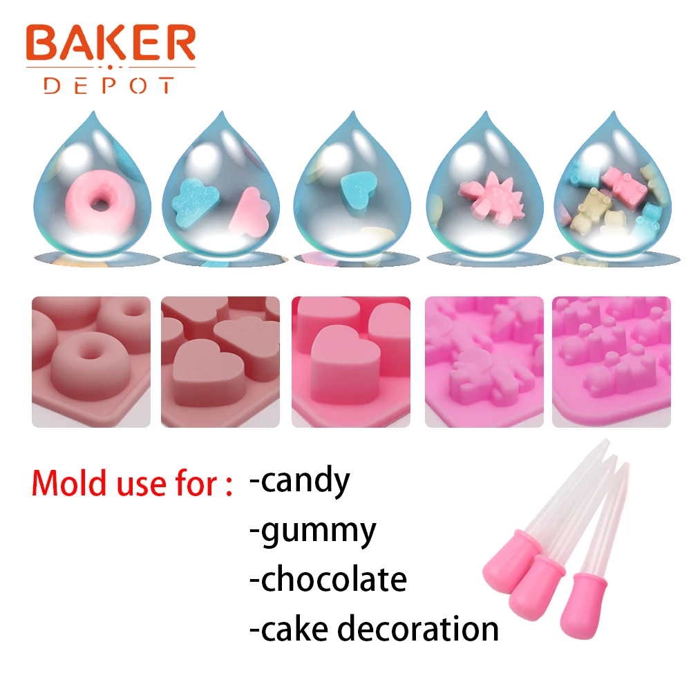 BAKER DEPOT gummy bear плесень 8 шт силиконовая форма для конфет шоколадный динозавр мини пончик ледяной Торт Украшение Инструмент с капельницей