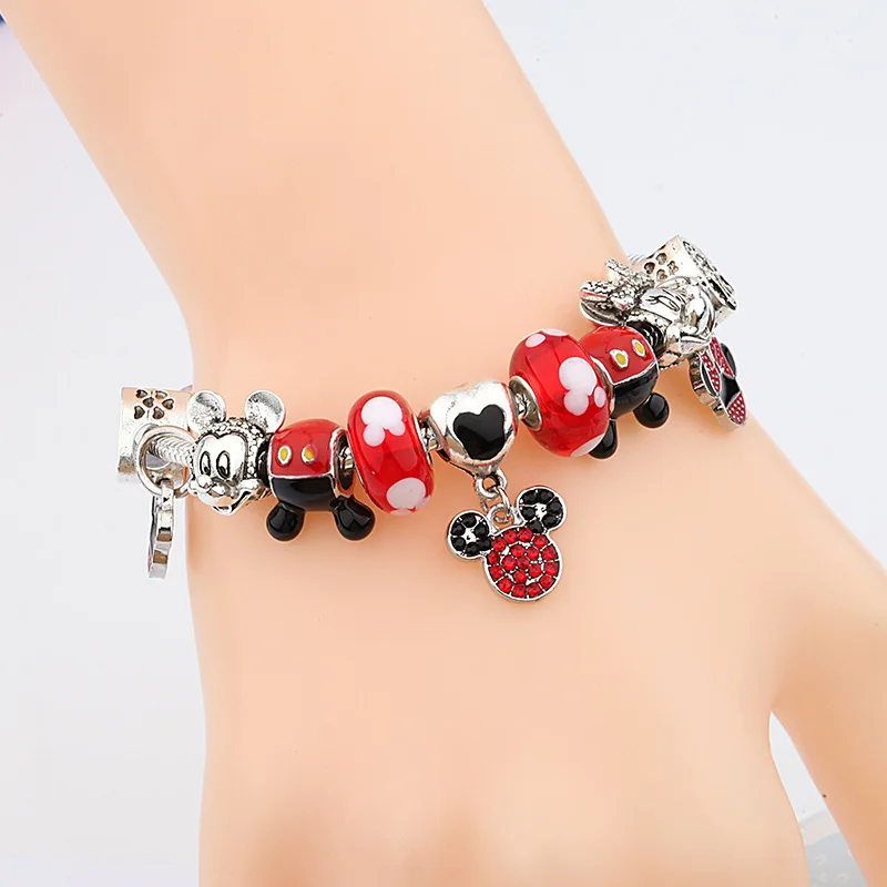 YHAMNI 925 серебряный браслет с Микки и Минни Маус с красными хрустальными бусинами, браслет на цепочке для женщин, ювелирные изделия