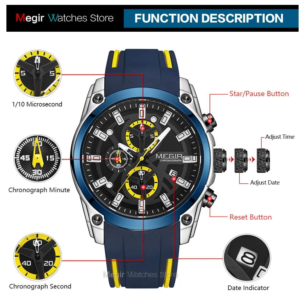 MEGIR Men's Military Sport Watches Men Waterproof Fashion Blue Silicone Strap Wristwatch Man Luxury Top Brand Luminous Watch 5