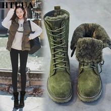 HTUUA/толстые теплые зимние сапоги женские зимние сапоги из натуральной кожи женские нескользящие меховые плюшевые ботинки до середины икры на платформе зимняя обувь