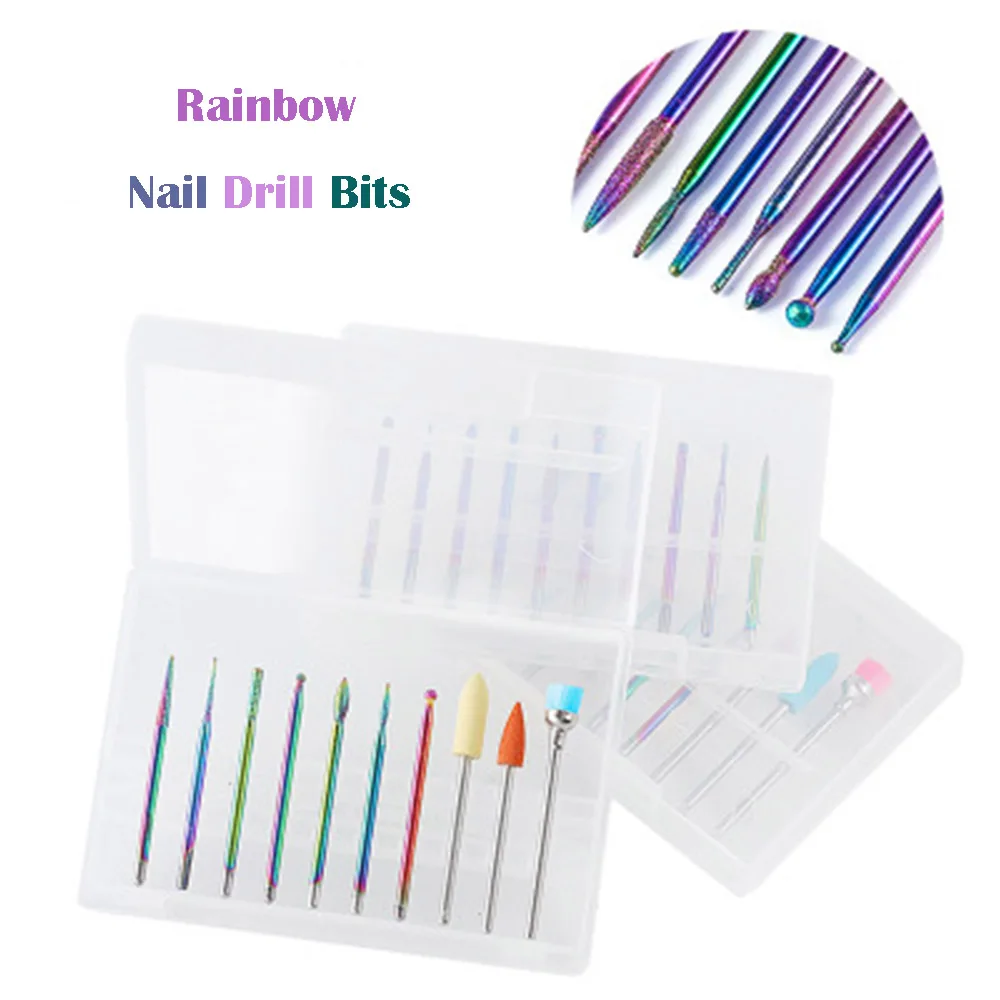 

10pcs/box Rainbow Diamond Nail Drill Bits 3/32" Milling Cutter for Electric Manicure Grinder Cuticle Remover Rotate Accessories