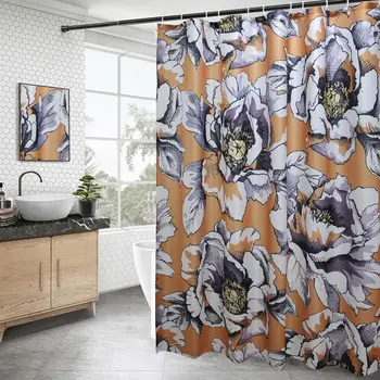 

Fabric Floral Design Shower Curtain, Heavy Duty Peony Decorative Bathroom Curtain with Hooks, Weighted Hem, Waterproof, Orange,
