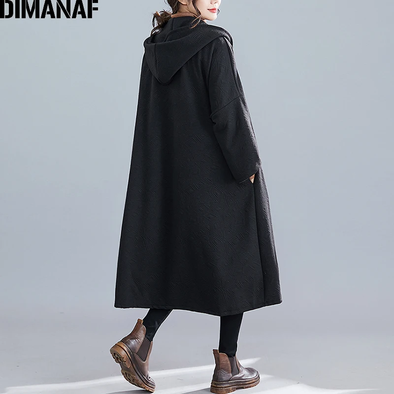 DIMANAF, Женская куртка, пальто, Осень-зима, толстая, Ретро стиль, китайский стиль, женская верхняя одежда, свободный, длинный рукав, с капюшоном размера плюс