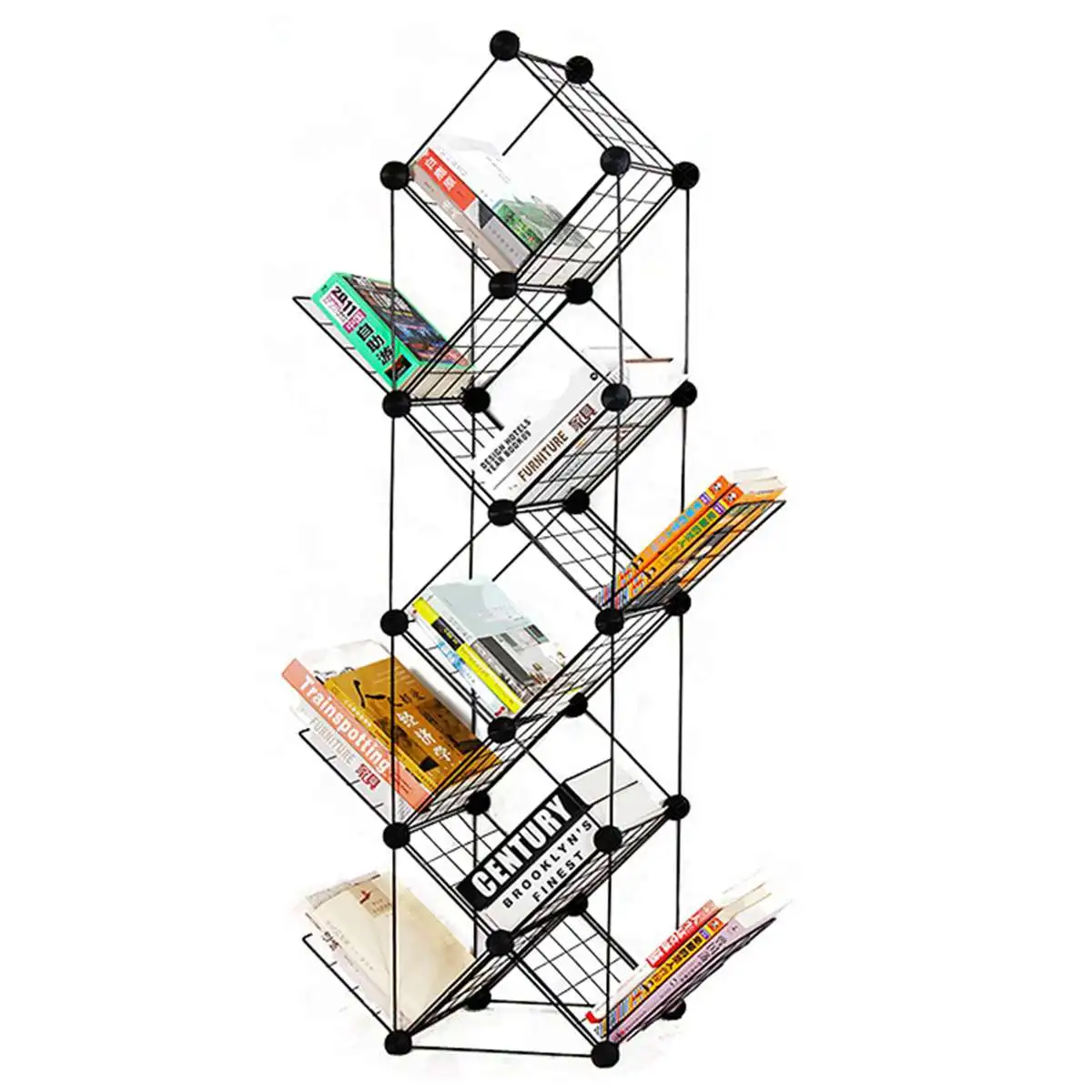 

7/9 Layer Grid Bookshelf Floor Study Bookcase Tree Shaped Book Rack Multi-grid Storage Cabinet Abrasion Iron Display Book Horder
