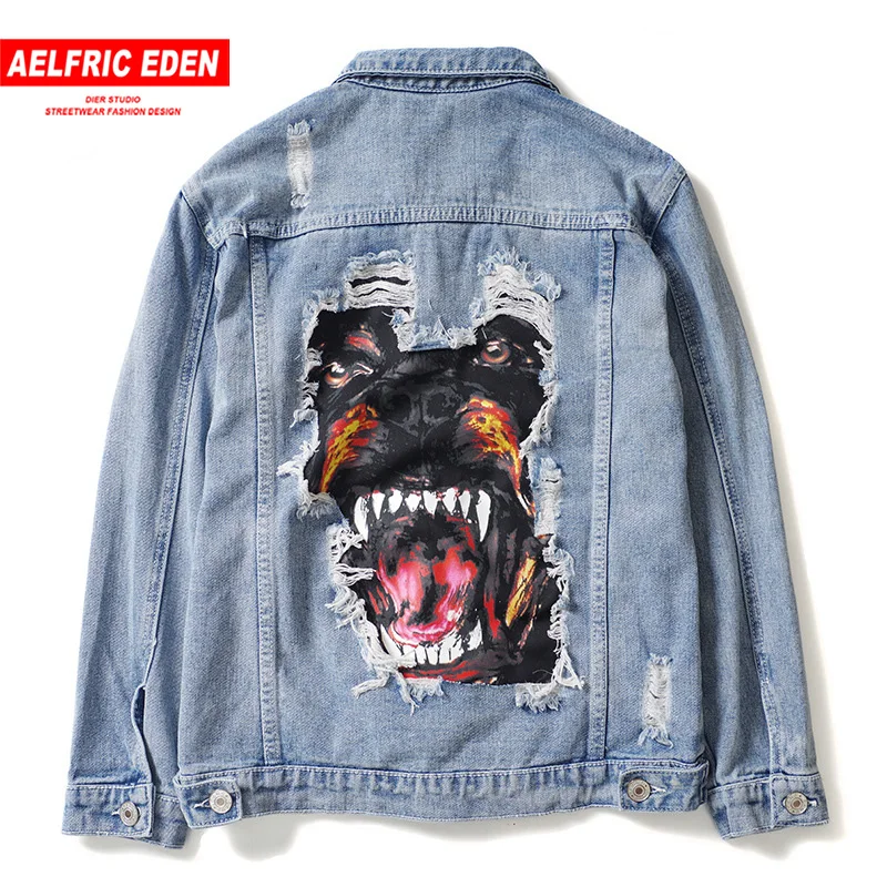 

11 BYBB'S DARK Men Jeans Jackets 2019 Autumn Dog Patch Design Broken Hole Denim Jacket Streetwear Hip Hop Coats Casual Outwear