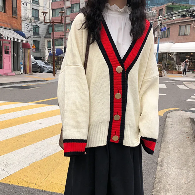#Special Offers Contrast Color Striped Cardigan Sweater Women V-Neck Winter Jumper Korean Sweater Button Oversized Cardigan Patchwork Loose knit
