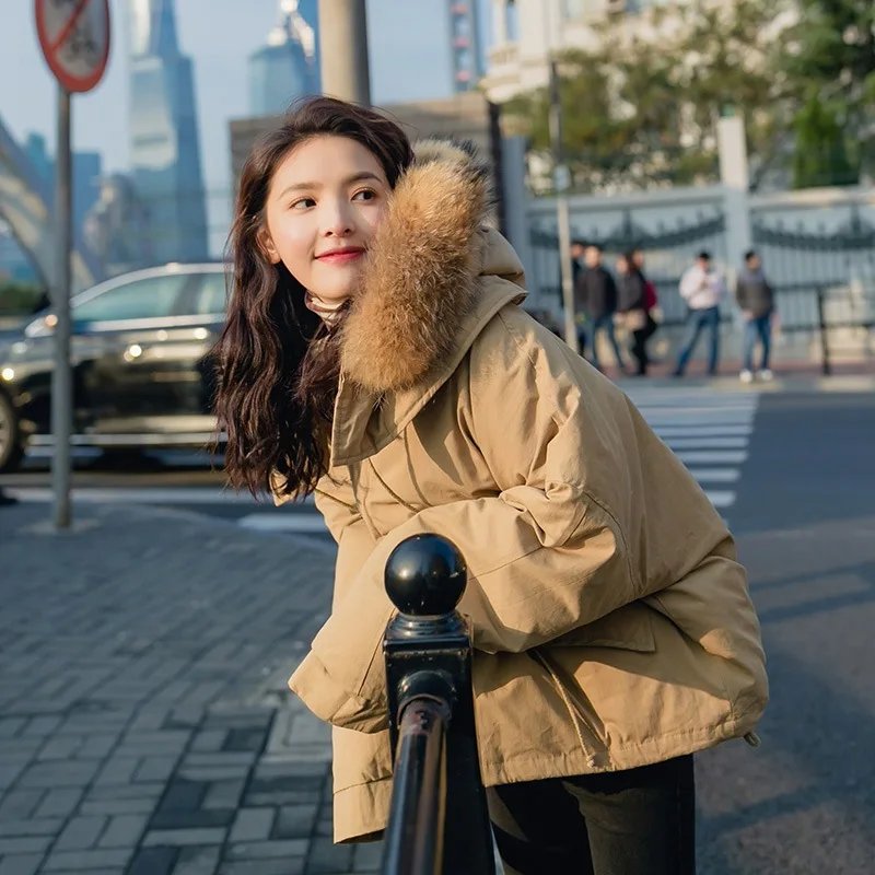 

Photo Shoot CHIC May Kaji Hooded Kaki Large Fur Collar Single Breasted Drawstring Short-height Workwear Cotton Coat Coat Women's