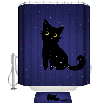 

Cartoon Glowing Black Cat Starry Sky Shower Curtain Set and Anti-slip Floor Mat Outdoor Rugs