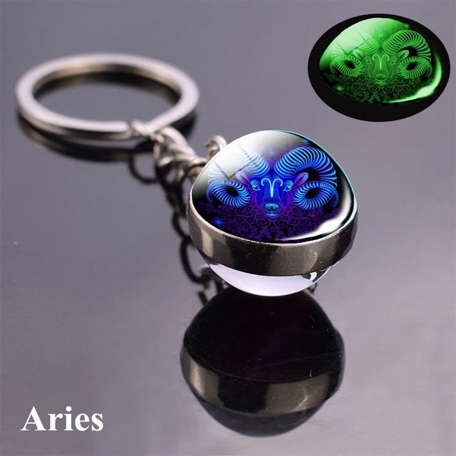 12 Constellation Luminous Keychain Glass Ball Pendant Zodiac Keychain Glow In The Dark Key Chain Holder Men Women Birthday Gift Aries Blue