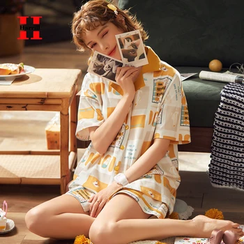 

Summer Pajamas For Women Turn-down Collar Loose Oversize Pyjama Femme Sleepwear Cartoon Pattern Cotton pijama mujer Pajamas Set
