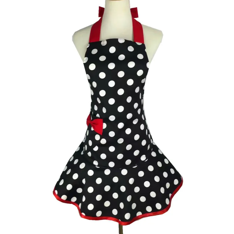 Polka Dot Skirt Apron with Pockets, Black Cute Funny Retro Cotton Kitchen Cooking Aprons for Woman Girl