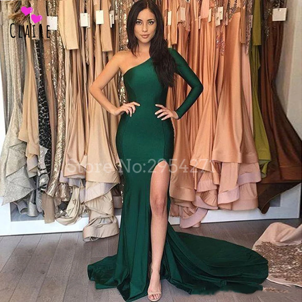 

Long Prom Dresses 2019 Mermaid One Shoulder Long Sleeves Sweep Train Formal Party Dress High Side Split Evening Gowns CP109