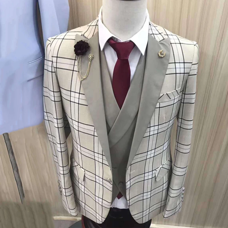 Плед мужской костюм комплект Slim Fit Для мужчин Блейзер Бизнес современные свадебные костюмы для мужчин, платье на выпускной, торжественное куртка, смокинг мужской костюм для выпускного вечера - Цвет: Бежевый