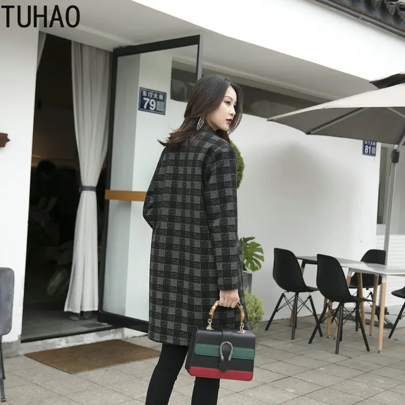TUHAO осенне-зимнее шерстяное женское клетчатое длинное пальто размера плюс для офиса винтажное Женское пальто с длинным рукавом среднего возраста
