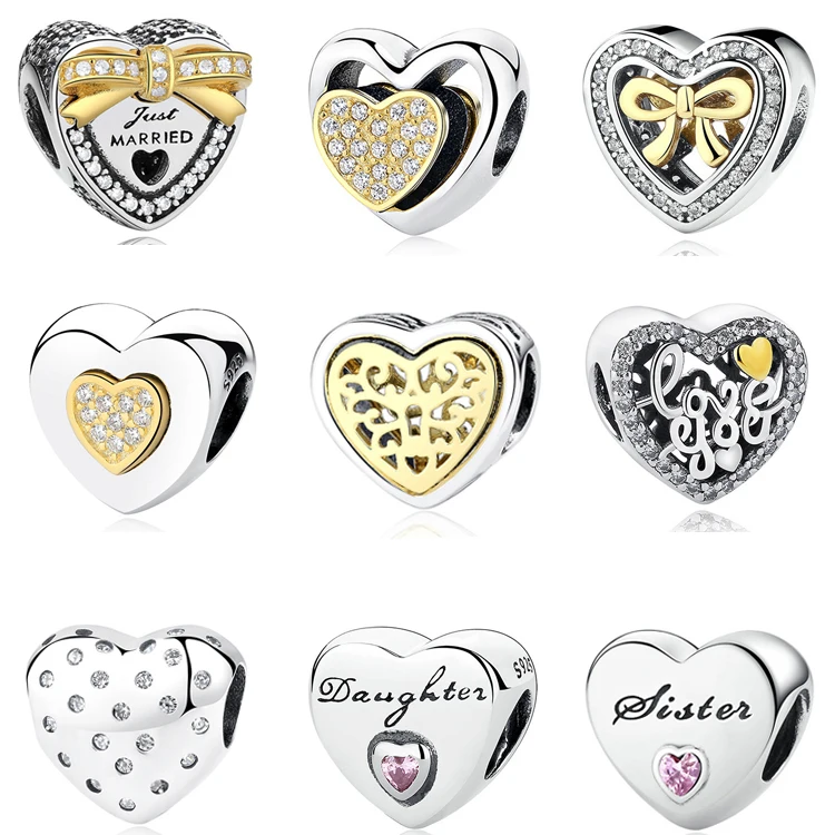 

925 Sterling Silver Heart Charm Love Daughter Sister CZ Beads Fit Pandora Charms Silver 925 Original Bracelet DIY Jewelry